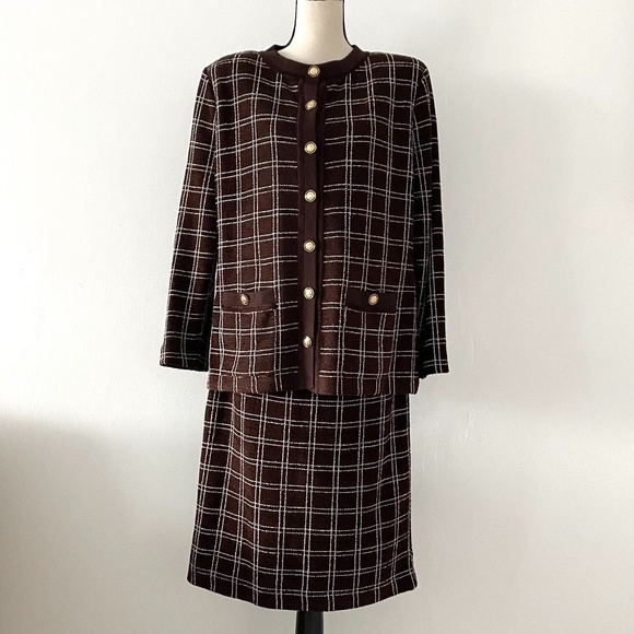 St. John Vintage Brown Plaid Blazer Skirt Set XL